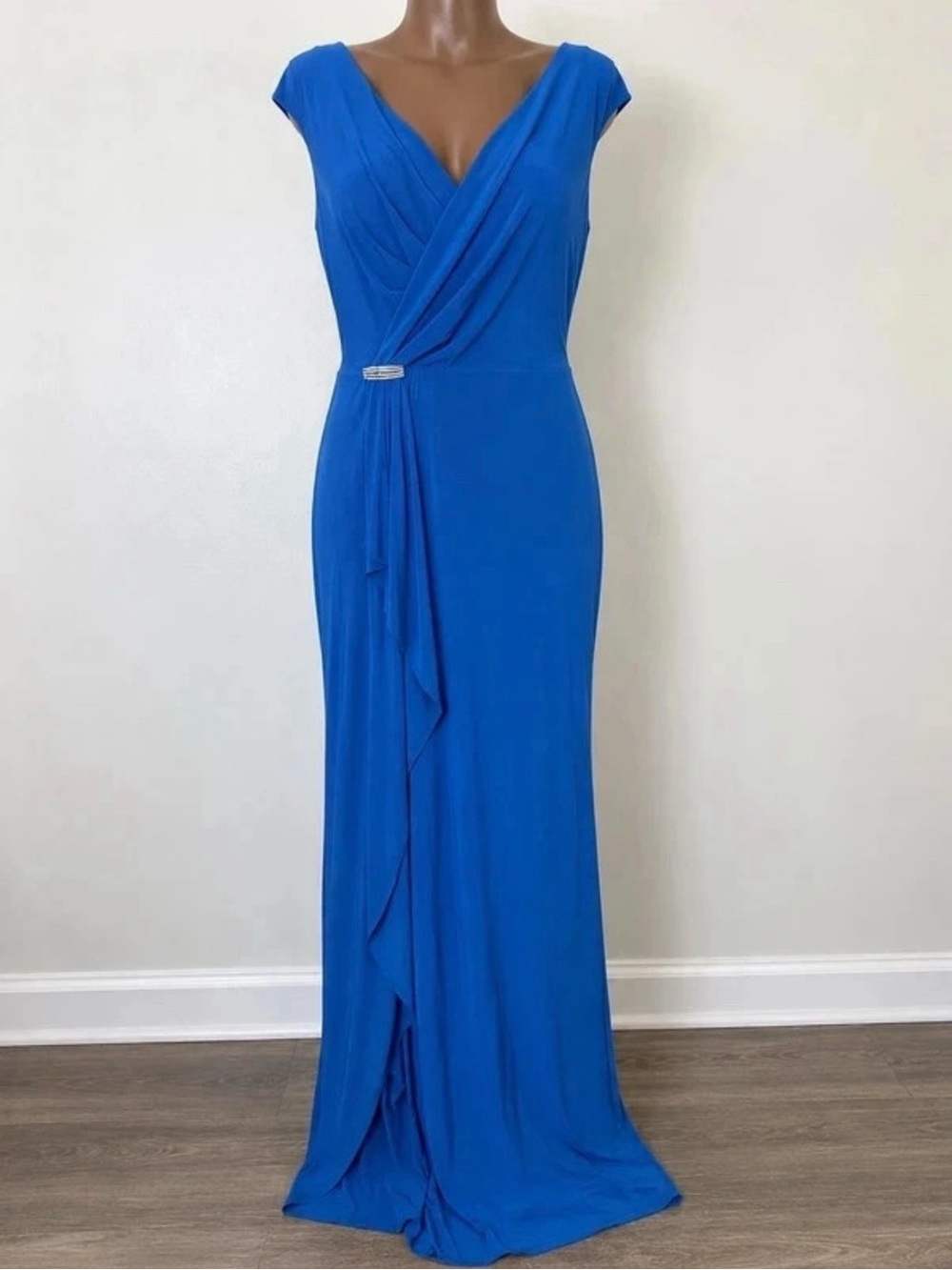 Ralph Lauren Royal Blue Cap-Sleeve Draped Midi Dress